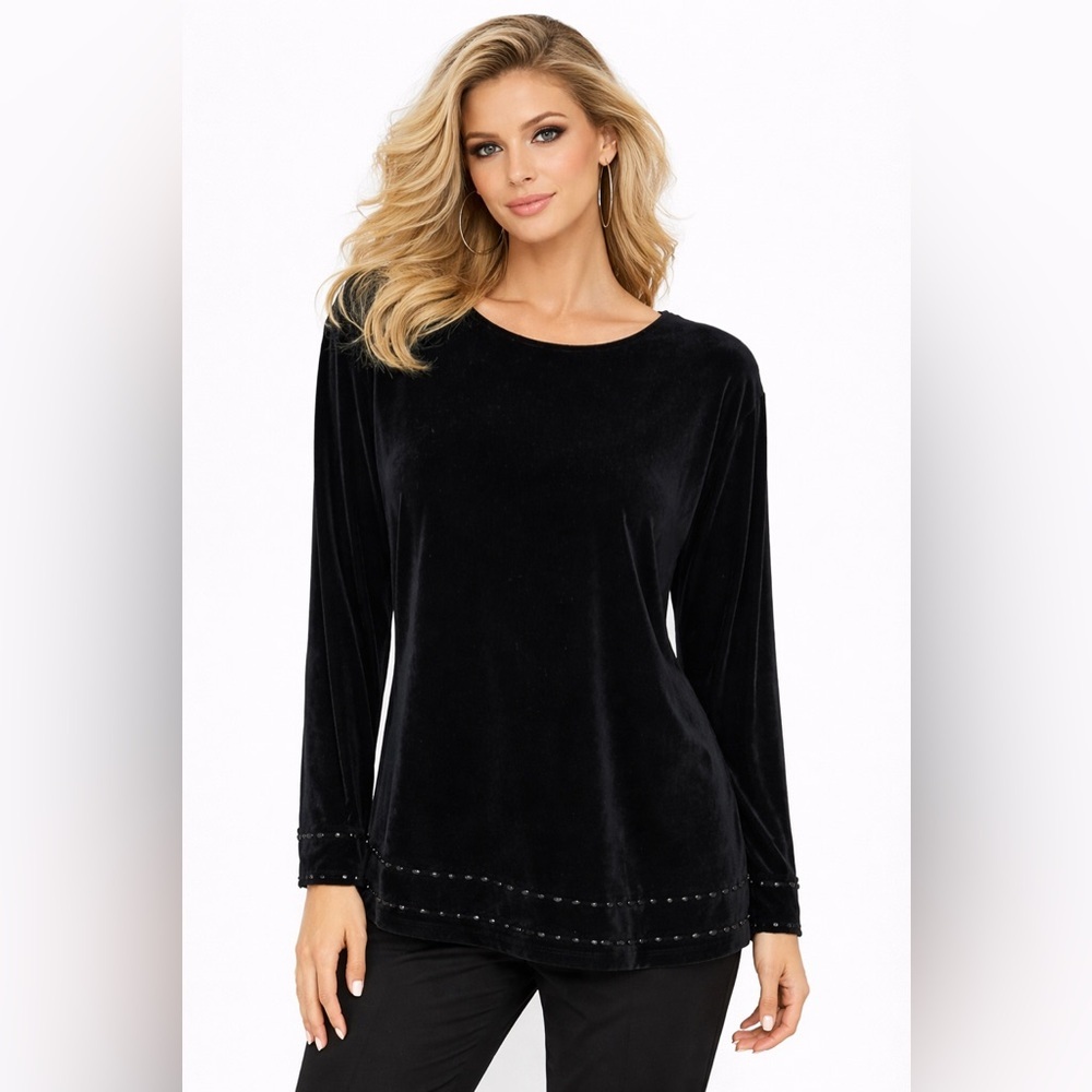 🔥🔥Taylor G Womens Top Black Velvet Ruffle Accents At Bottom  Size Small